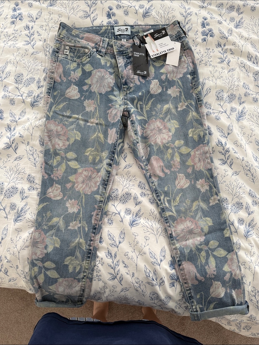 Seven 7 Floral Boyfriend Jeans in Dusty Blue with Pink Accents - Picture 1 of 3